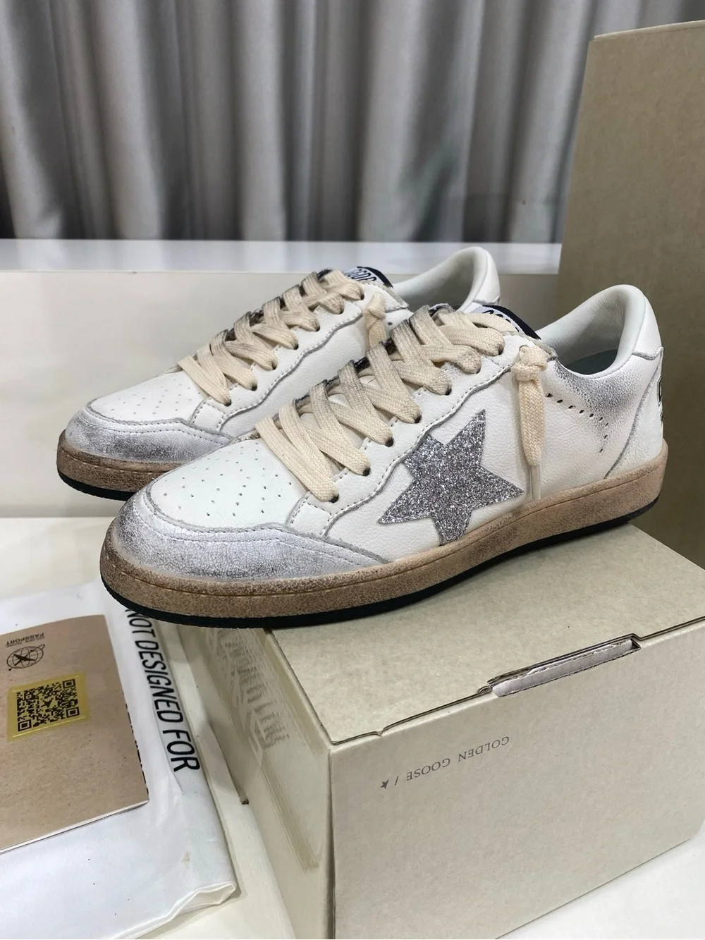 Golden Goose White Cream Sneakers with Silver Glitter Star